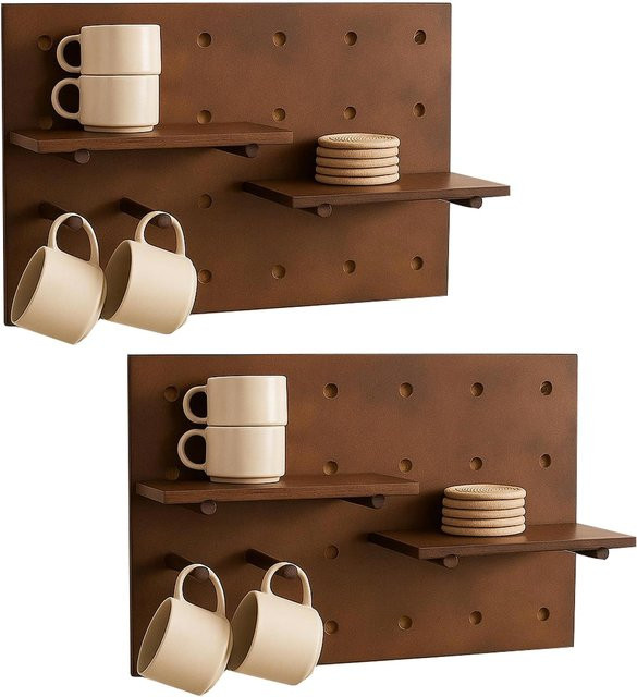 2er-Set Wandregal MCW-P24 Steckboard Wandpaneel mit 4 Ebenen in Braun, B: 60 cm, H: 40 cm - Bild 1