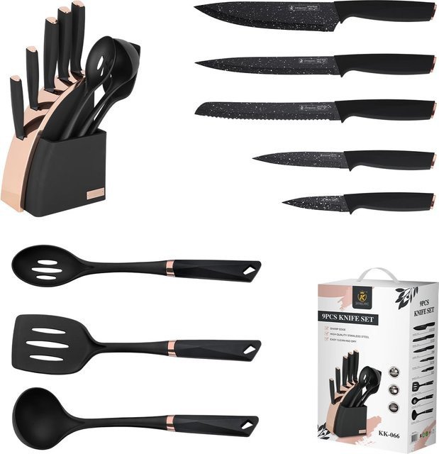 Utaki Küchenutensilien Set 9-teilig in Silber und Schwarz mit Messern und Küchenhelfern sowie Ständer - Bild 1