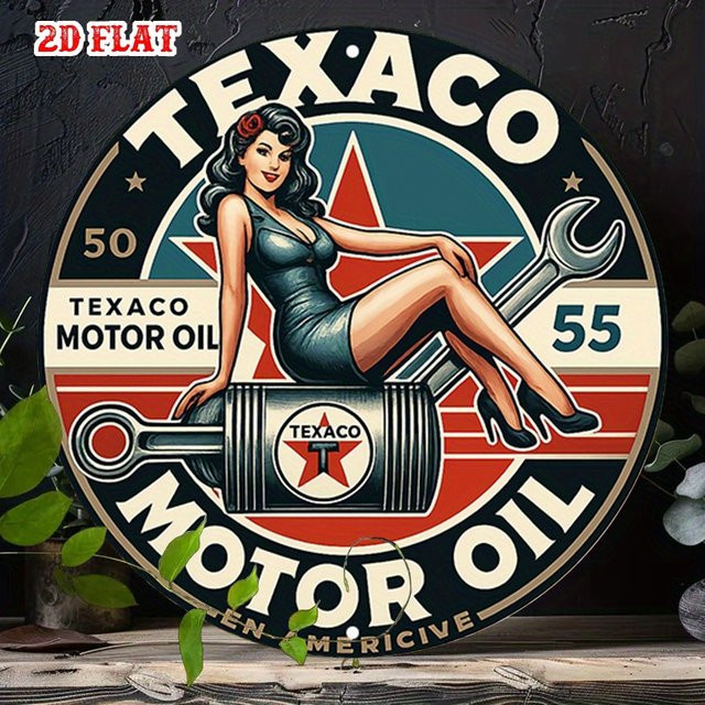 Vintage Texaco Metallschild mit Mechaniker-Frau und Schraubenschlüssel Design, mehrfarbig - Bild 1