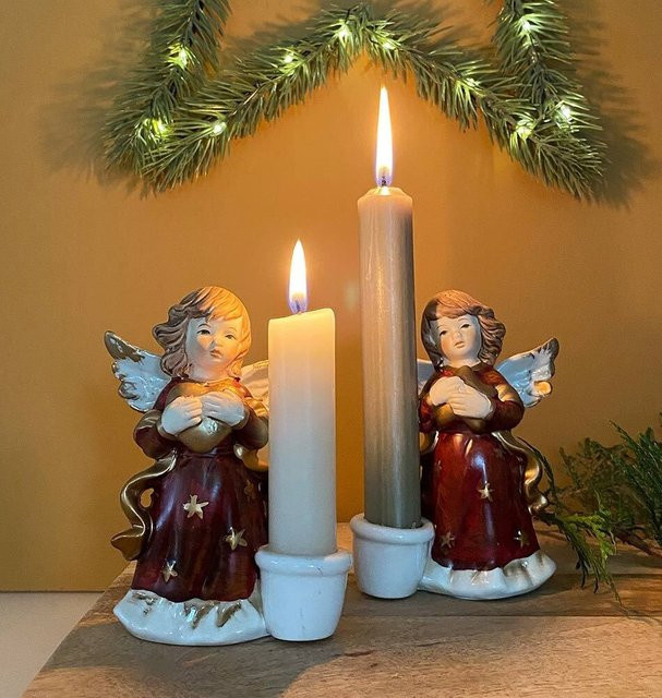 2er Set Kerzenhalter Engel aus Keramik in Weiß für Stabkerzen zur Weihnachtsdekoration - Bild 1