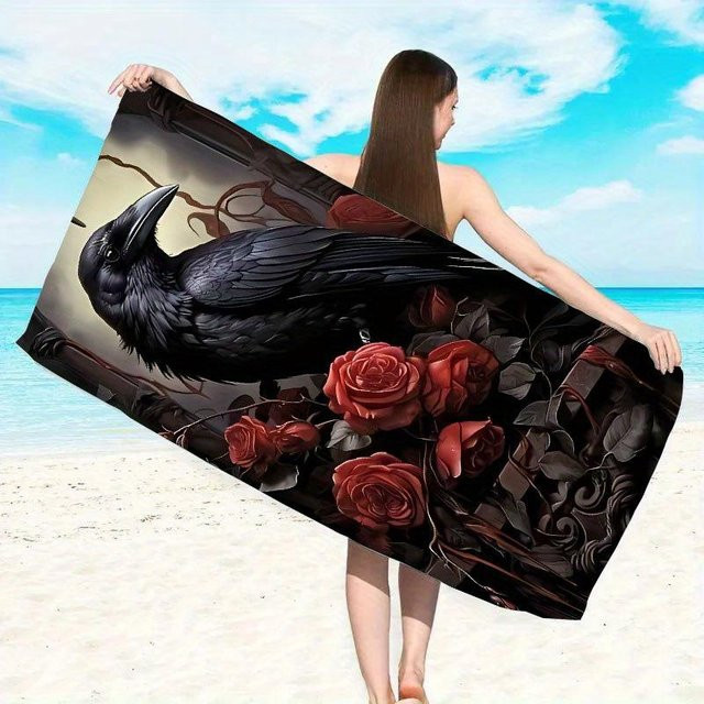 Personalisiertes Strandtuch mit Raben und roten Rosen von JMG Household Supplies, schnell trocknendes Mikrofaser-Badetuch im Gothic-Design, Farbe: Rot/Mehrfarbig, Breite: 50 cm, Höhe: 100 cm - Bild 1