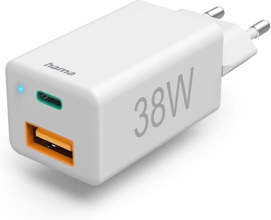 Hama Schnellladegerät mit 38 W, 1x USB-C und 1x USB-A, Weiß - Bild 1