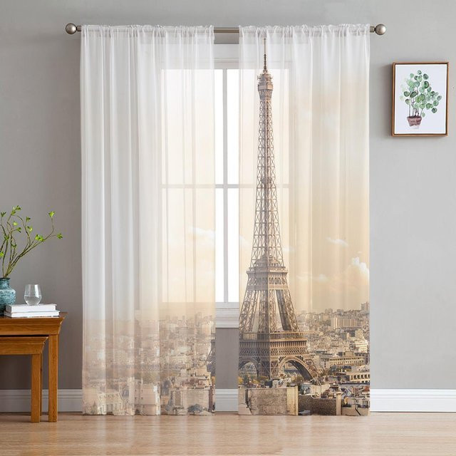 Transparente Tüll-Vorhänge mit Eiffelturm-Motiv von A Family Of Home Textiles in Weiß, Breite: 135 cm, Höhe: 183 cm - Bild 1