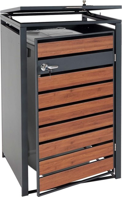 Mülltonnenverkleidung MCW-J81 Mülltonnenbox aus Metall in Anthrazit mit Kirsche-Holzoptik Dunkelbraun, H x B x T: 80 x 117 x 68 cm - Bild 1