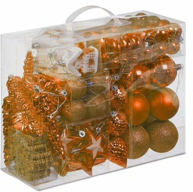 Relaxdays Weihnachtskugeln Set aus Polystyrol in Orange mit verschiedenen Motiven wie Zapfen, Blumen, Sternen, Häusern und Schneeflocken inklusive Aufbewahrungsbox - Bild 1