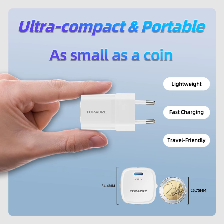 TOPADRE 20W Schnellladegerät mit USB Typ C und QC 3.0 PD für iPhone, Xiaomi und Samsung in Weiß - Bild 3