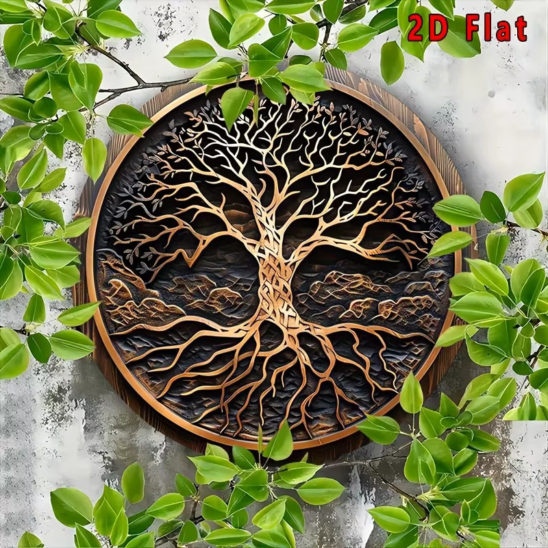 Potdemiel Vintage Baum des Lebens Wandkunst aus Aluminium-Metall, runde Outdoor-Hängedekoration mit floralem Design, Durchmesser: 20,32 cm - Bild 4
