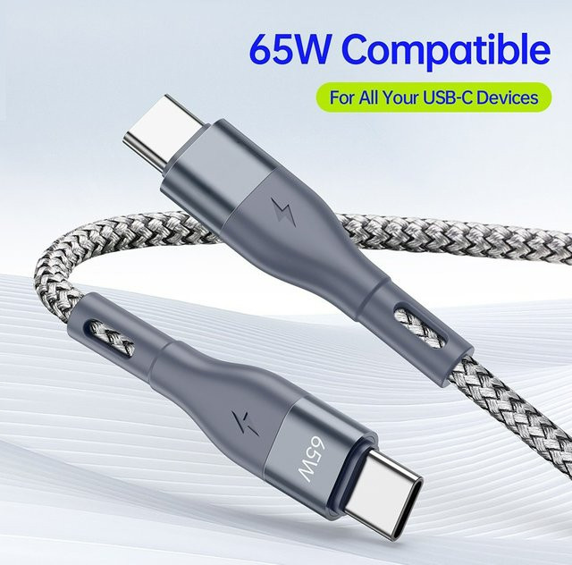65 W USB C auf Typ C Schnellladedatenkabel in Grau mit geflochtenem Design für iPhone 15, Huawei und Samsung - Bild 1