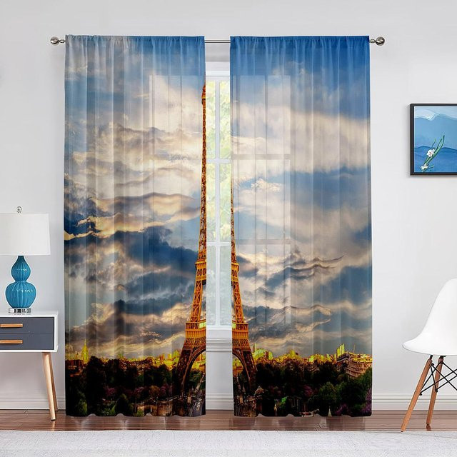 Transparente Tüllgardine Paris Eiffelturm mit Stadtlandschaft Motiv aus Polyester, Breite: 100 cm, Höhe: 250 cm - Bild 1