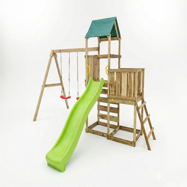 MaxPlay Holzklettergerüst mit zwei Spieltürmen, Doppelschaukel, Rutsche und Foliendach in Mehrfarbig - Bild 1
