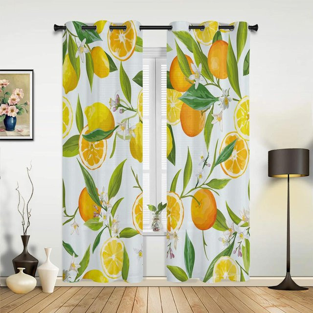 Yiran Furniture Vorhänge mit Zitronen-Motiv in Gelb und Weiß, semi-transparent, B: 135 cm, H: 160 cm, 2er-Set - Bild 1