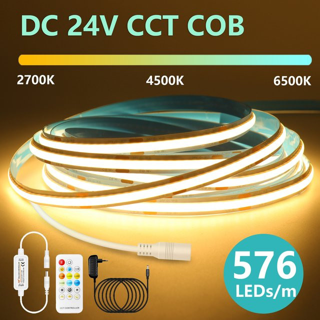 GAHADA CCT COB LED-Streifen 24 V mit Fernbedienung, flexibles Band WW NW CW 2700–6500 K, dimmbare lineare Beleuchtung mit 576 LEDs/m - Bild 1