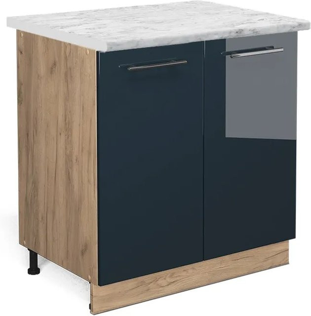 Vicco Unterschrank Fame-Line Eiche Dunkelblau Hochglanz mit Arbeitsplatte Weiß-Marmor Breite: 80 cm - Bild 2