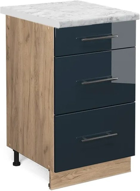 Vicco Küchenunterschrank Fame-Line Dunkelblau Hochglanz und Eiche mit Arbeitsplatte in Weiß-Marmor, Breite: 50 cm - Bild 1