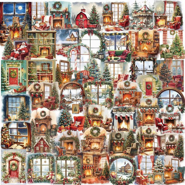 50 Stück Weihnachts-Aufkleber mit Aquarell-Szenen in Multicolour für Tagebuch und Dekoration - Bild 1