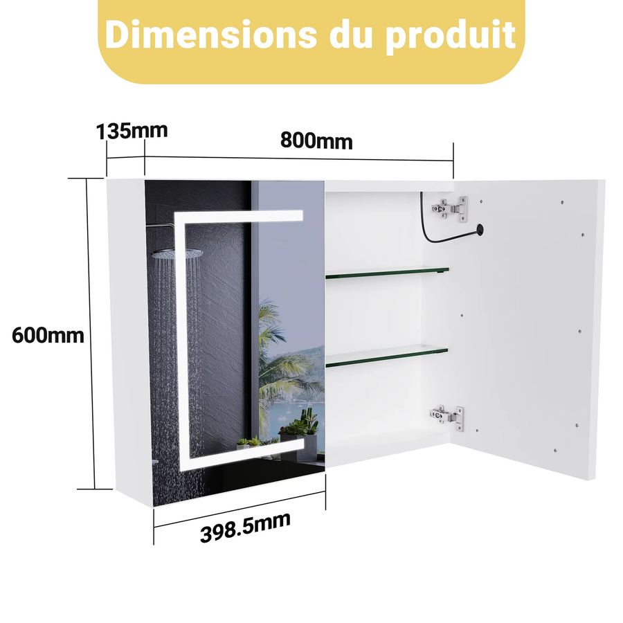 Fangange LED-Badezimmerspiegelschrank in Silber, wandmontierter Spiegelschrank aus Edelstahl mit Touch-Steuerung, dimmbarer LED-Beleuchtung und 3 Farbtemperaturen, Doppeltür mit verstellbaren Glasregalen - Bild 4