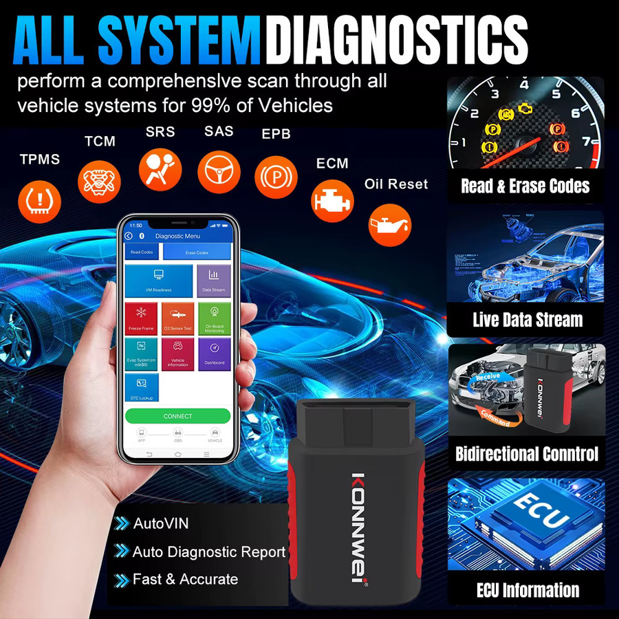KONNWEI KDIAG OBD 2 Auto-Scanner Bluetooth Kfz-Diagnosegerät mit SAS ABS EPB Reset-Service und ECU-Programmierer in Schwarz - Bild 4
