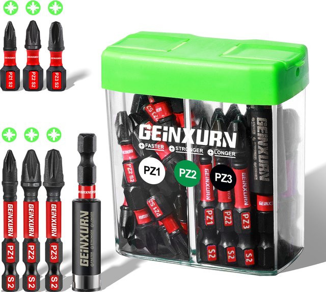 Geinxurn 30-teiliges Impact Pozi-Schraubendreher-Bit-Set aus S2-Stahl, magnetisch, PZ1/PZ2/PZ3, inklusive bunter Aufbewahrungsbox, Mehrfarbig - Bild 1