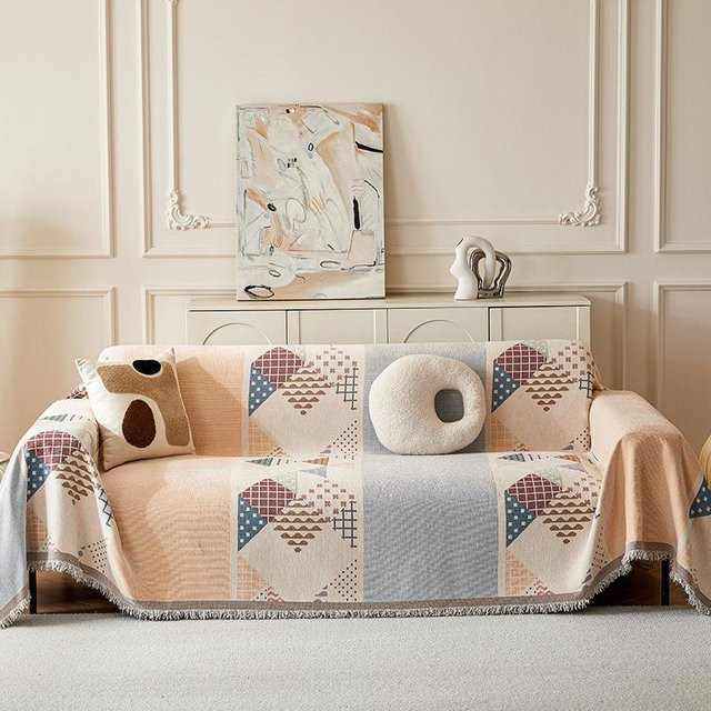 BC-Warm Home Sofa Überwurf aus Chenille mit geometrischem Druck in Beige - Bild 1