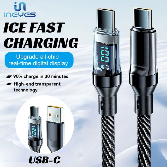 INEYES USB-C Schnelllade-Dual-Typ-C-Ladekabel mit LED-Digitalanzeige, 120 W, Schwarz - Bild 1