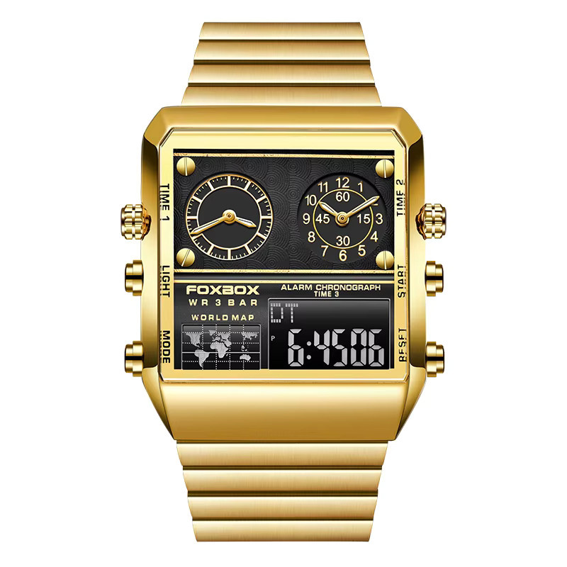 FOXBOX Chronograph Herrenuhr, Edelstahl, Gold, Quarz, Eckig - Bild 7