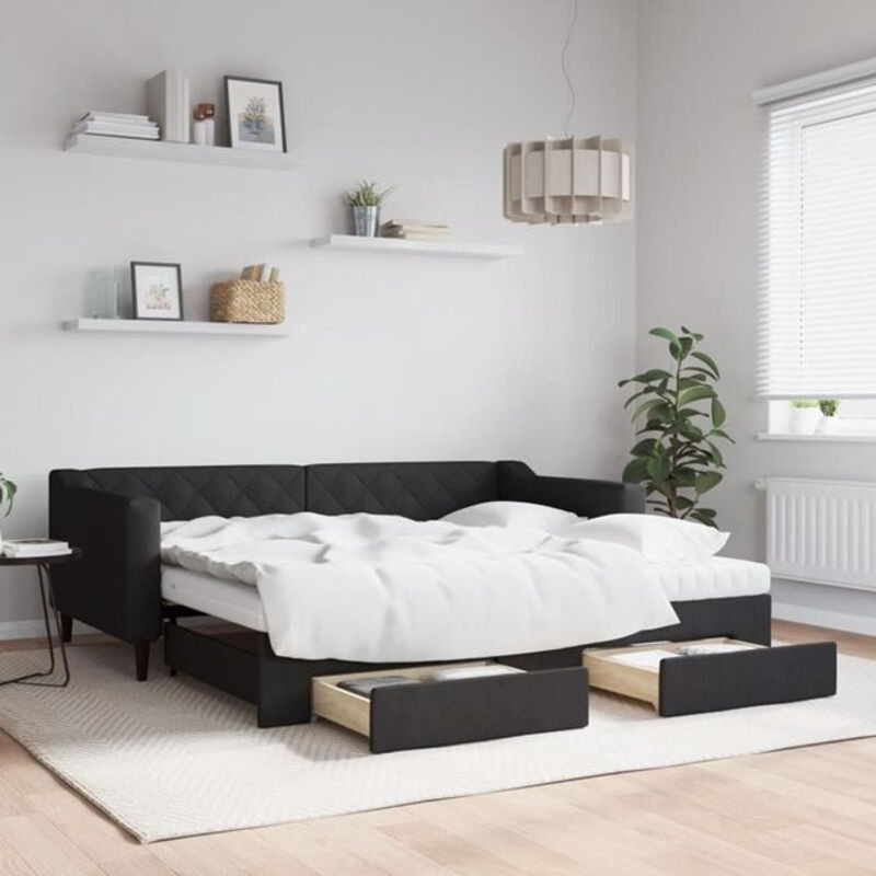 Ausziehbares Funktionsbett vidaxl mit Schubladen aus Stoff und Metall in Schwarz, B/T/H: 190 x 90 cm - Bild 1