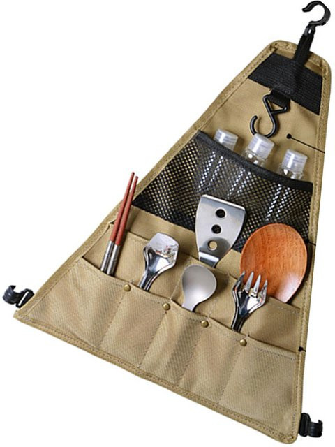 Fishine Camping Aufbewahrungstasche aus Oxford Stoff als tragbarer Dreieck Hängeorganizer für Geschirr beim Outdoor Picknick in Schwarz oder Beige - Bild 1