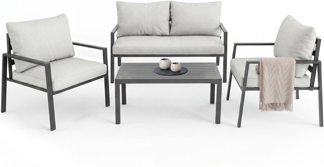 tectake Aluminium Sitzgruppe Göteborg in Hellgrau mit Tisch im Lamellenmuster, wetterfest, B/T/H: 129 x 71 x 74 cm - Bild 1