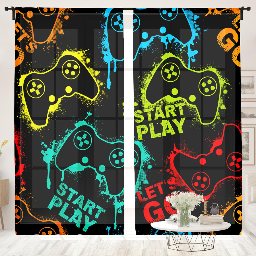 2er-Set halbtransparente Vorhänge mit Gamecontroller-Print in Multicolour, B: 150 cm, H: 166 cm - Bild 2