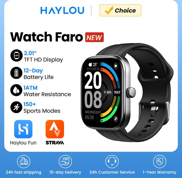 Haylou Watch Faro Smartwatch in Schwarz mit 2,01 Zoll HD-Bildschirm, Bluetooth-Sprachanruf-Funktion und 24-Stunden-Gesundheitsüberwachung für Männer und Frauen - Bild 1