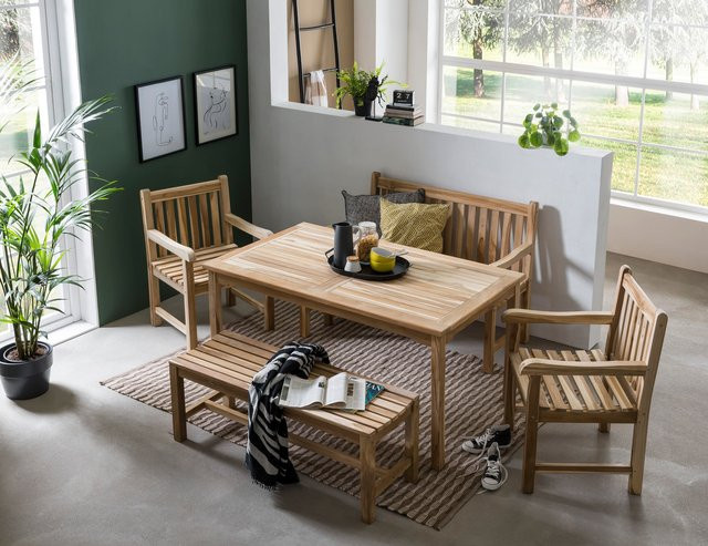 TPFGarden Sitzgruppe TEAKA aus Holz in Braun mit 2 Armlehnstühlen, 2 Bänken und 1 Tisch - Bild 1