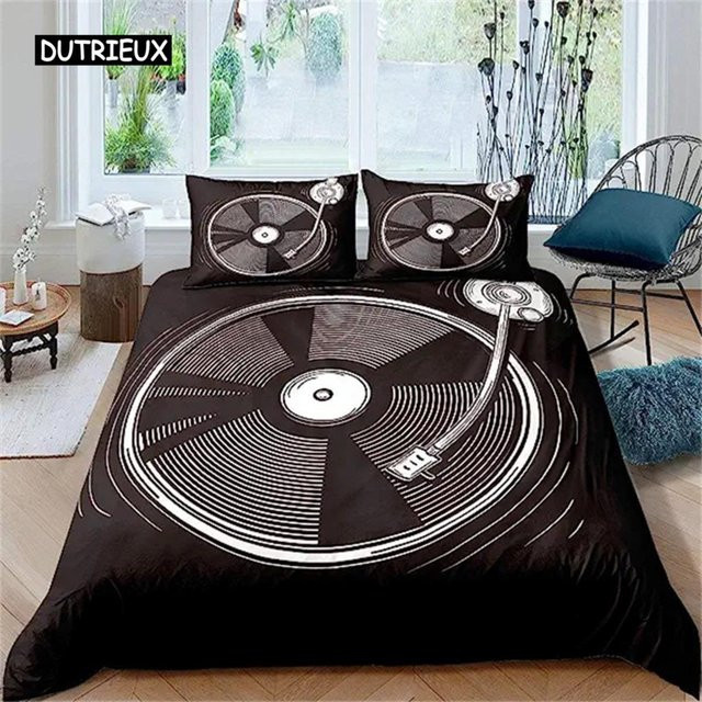Binchi Musik Bettwäsche-Set Vintage Blues mit Gitarren und Schallplatten, Schwarz, B/H: 135 x 200 cm - Bild 1