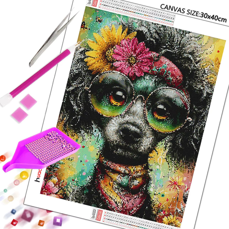 Huacan DIY Diamantmalerei Hund mit Gänseblümchen als Diamantmosaik Set in Multicolour, B/H: 30 x 20 cm - Bild 2