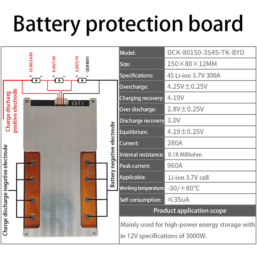BMS Schutzplatine für Li-Ion und LiFePO4 Akkus, Balance-Modul für 3s bis 4s Konfigurationen, 3,2V bis 16,8V, geeignet für 12V Anwendungen in Autos, Wohnmobilen und Wechselrichtern - Bild 2
