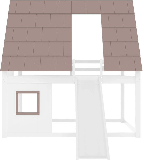 KOMHTOM Holzhaus-Etagenbett für Kinder mit Dach, Leiter und Rutsche, Farbe Weiß und Braun, B/T/H: 140 x 200 x 210 cm - Bild 1