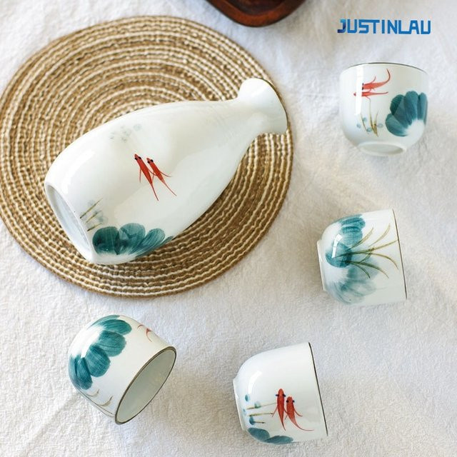 JUSTINLAU Keramik-Sake-Set mit Goldfisch-Design, 1 Topf und 4 Tassen, floraler Stil - Bild 1