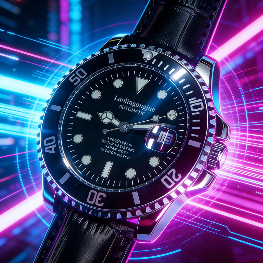 LUOLINGONGJUE Armbanduhr Automatik, Edelstahl, Leder, Schwarz, Herren - Bild 3