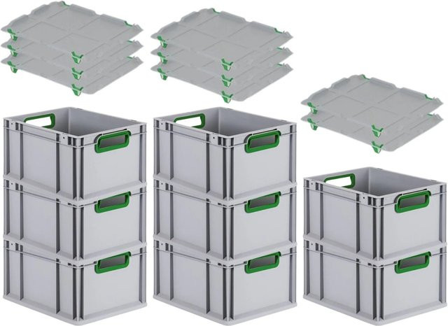 PROREGAL Spar Set 8x Eurobox Nextgen Color mit Auflagedeckel und Schiebeschnappverschlüssen in Grün, H x B x T: 22 x 30 x 40 cm - Bild 1