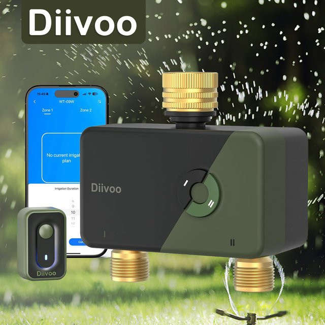 Diivoo WLAN-Bewässerungstimer für 2 Zonen, intelligenter programmierbarer automatischer Bewässerungscontroller für deinen Garten in Schwarz - Bild 1