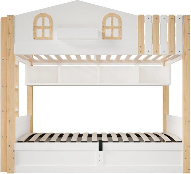 Merax Etagenbett im Hausdesign mit LED-Beleuchtung und Stauraum, Weiß, B/T/H: 90 x 200 x 213,5 cm - Bild 1