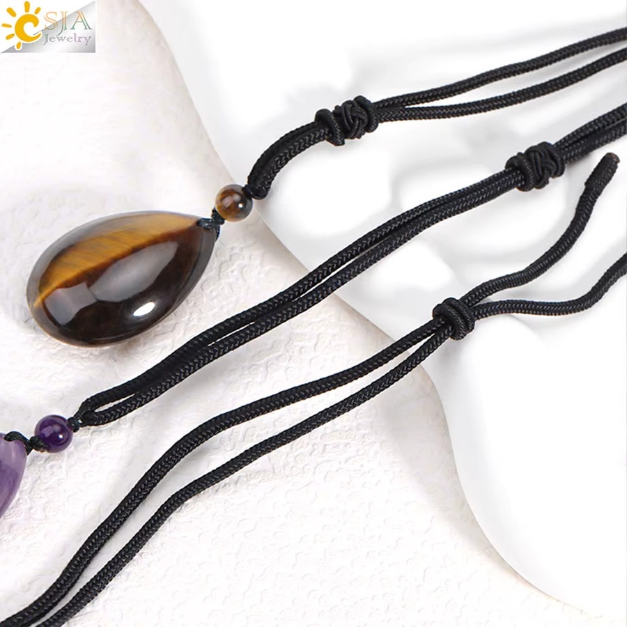 CSJA Halskette mit Wassertropfen-Anhänger, Naturstein, Tigerauge, Amethyste, Kristall, Unisex - Bild 1