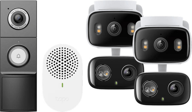 TP-Link Tapo Smart Home Set mit C246D Doppelpack Wi-Fi Kameras, D235 Smart Battery und kabelgebundener Türklingel in Weiß - Bild 1
