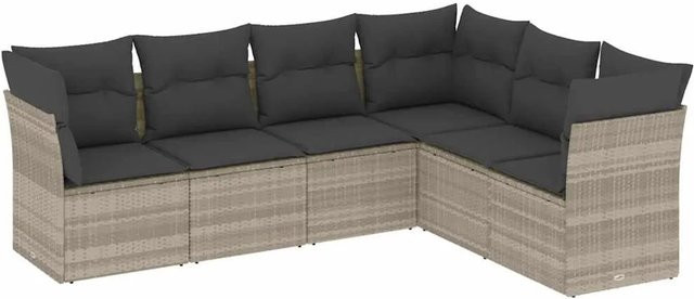 vidaXL 6-teilige Garten-Sofagarnitur in L-Form mit Kissen, Hellgrau, Poly Rattan und Metallrahmen - Bild 1