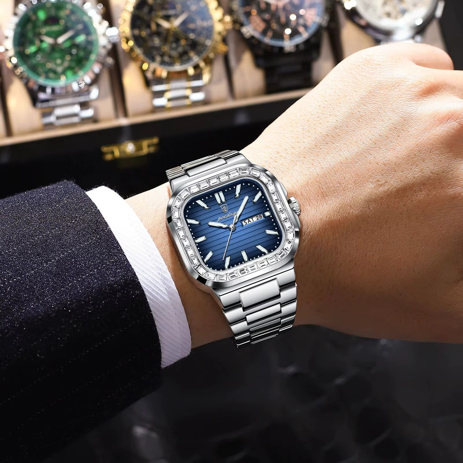 POEDAGAR Armbanduhr Edelstahl, Quarz, Eckig, Blau, Herren - Bild 5
