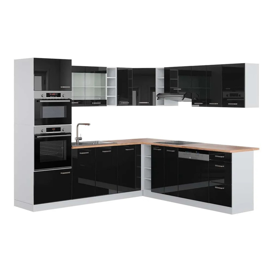 Vicco R-Line Einbauküche in L-Form in Schwarz Hochglanz und Weiß mit Eiche-Elementen, modern und ohne Elektrogeräte, B/T/H: 237 x 247 x 206,8 cm - Bild 1