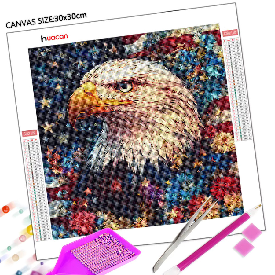 Huacan DIY-Diamantgemälde Adler und Blumen als Mosaik-Strassbild in Mehrfarbig, Rund, 20 x 20 cm - Bild 3
