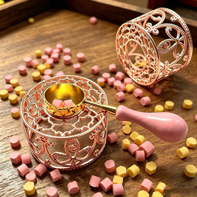 Vintage Wachsschmelzofen DIY Bastelset aus Metall in Gold zum Schmelzen von Kerzenwachs und Siegelwachs inklusive Löffel - Bild 2