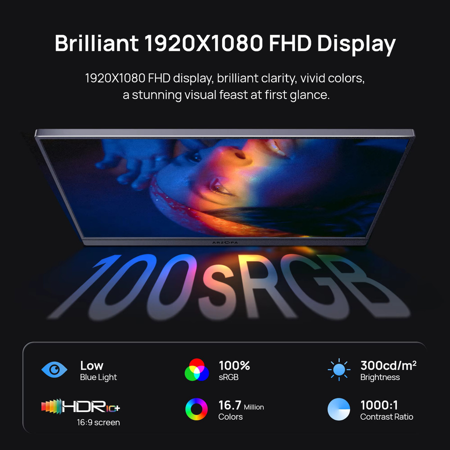 ARZOPA Tragbarer Monitor 16,1 Zoll Full HD 1920x1080 HDR10 60 Hz 100% sRGB Zweitbildschirm für Laptop, PC, PS5, Mac, Xbox, Grau - Bild 2