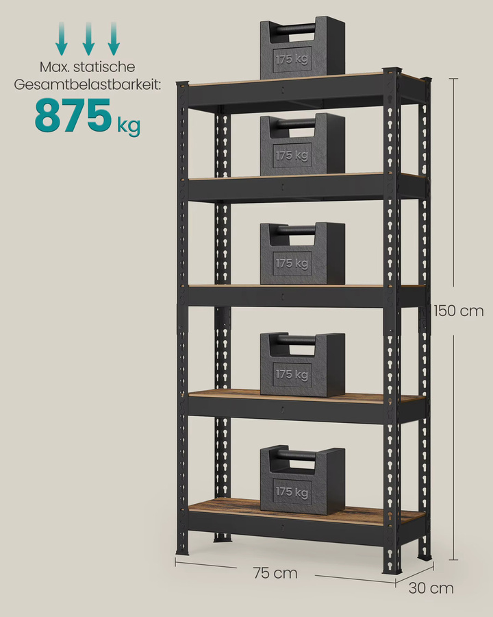 SONGMICS Schwerlastregal mit 5 verstellbaren Ablagen in Braun, B/T/H: 30 x 75 x 150 cm - Bild 5