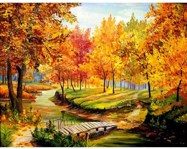 FIYO Diamant-Gemälde Landschaft Herbst mit runden Bohrern in Gelb, B/H: 30 x 20 cm - Bild 1